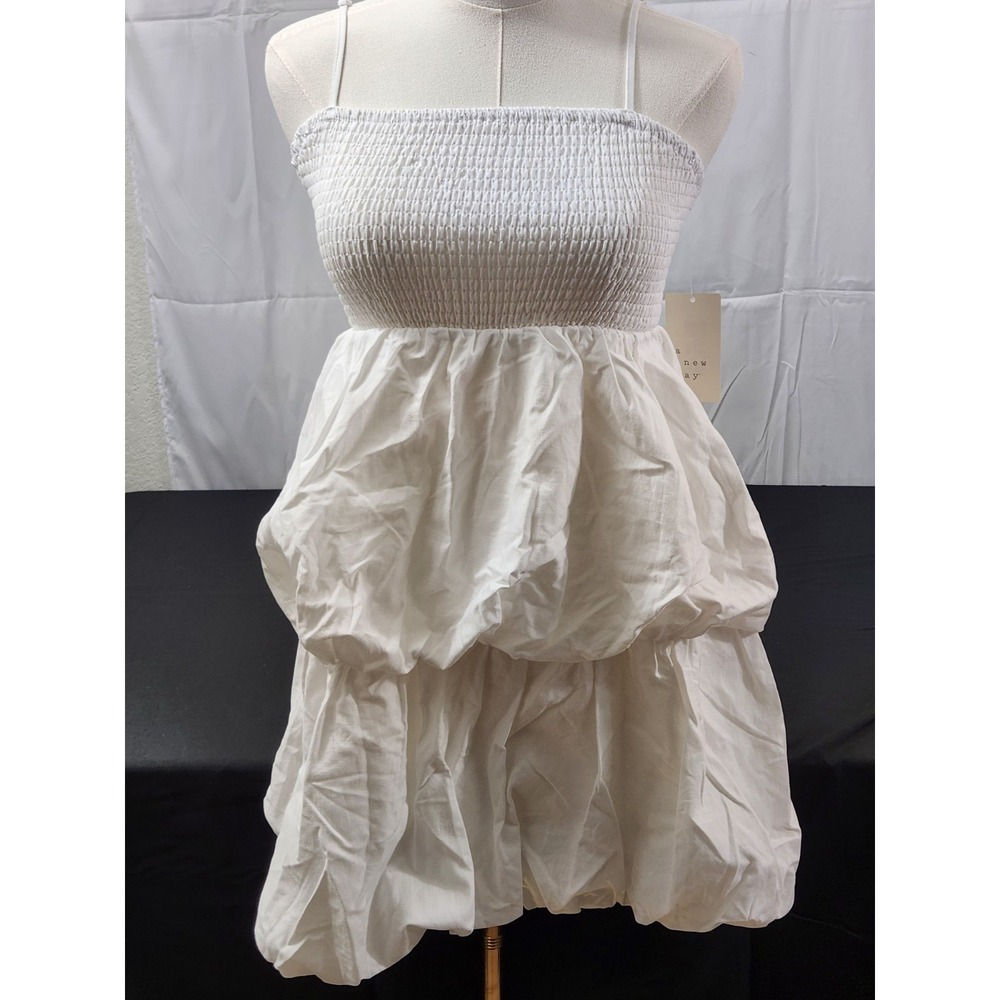 A New Day White Mini Tiered Bubble‎ Dress Spaghetti Straps Smocked Size XS NWT